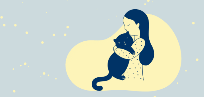 Ilustración de una niña y un gato. Fondo celeste, con colores pasteles.
